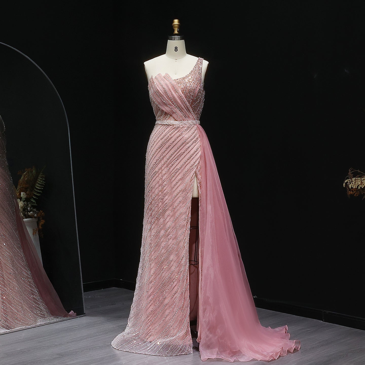 Stunning Blue One Shoulder Evening Dress with Side Slit Overskirt SS056  Pink / US 20