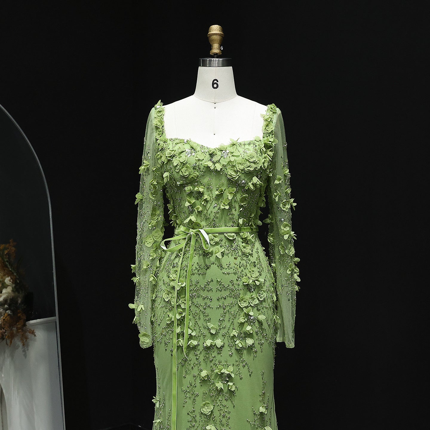 Luxury Green 3D Floral Evening Dress with Long Sleeves SS355