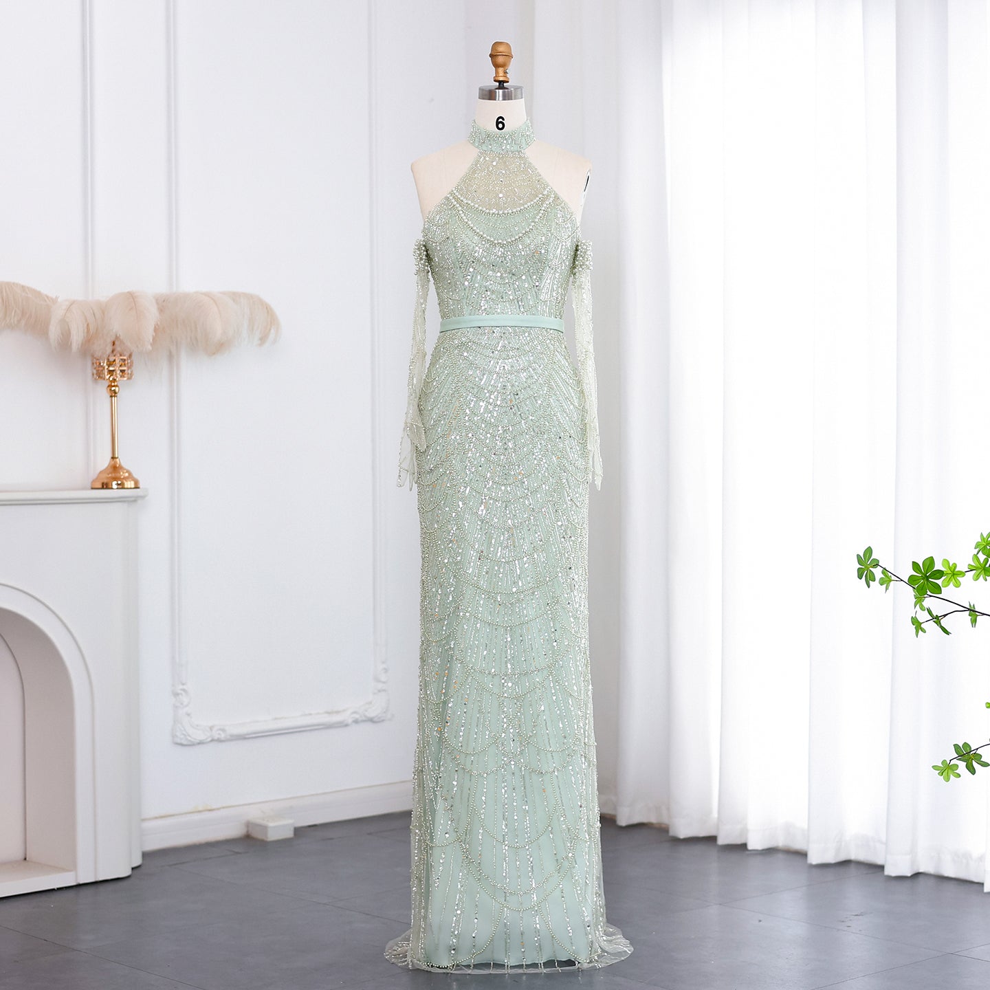 Luxury Nude Halter Mermaid Evening Dress with Gloves SS689 