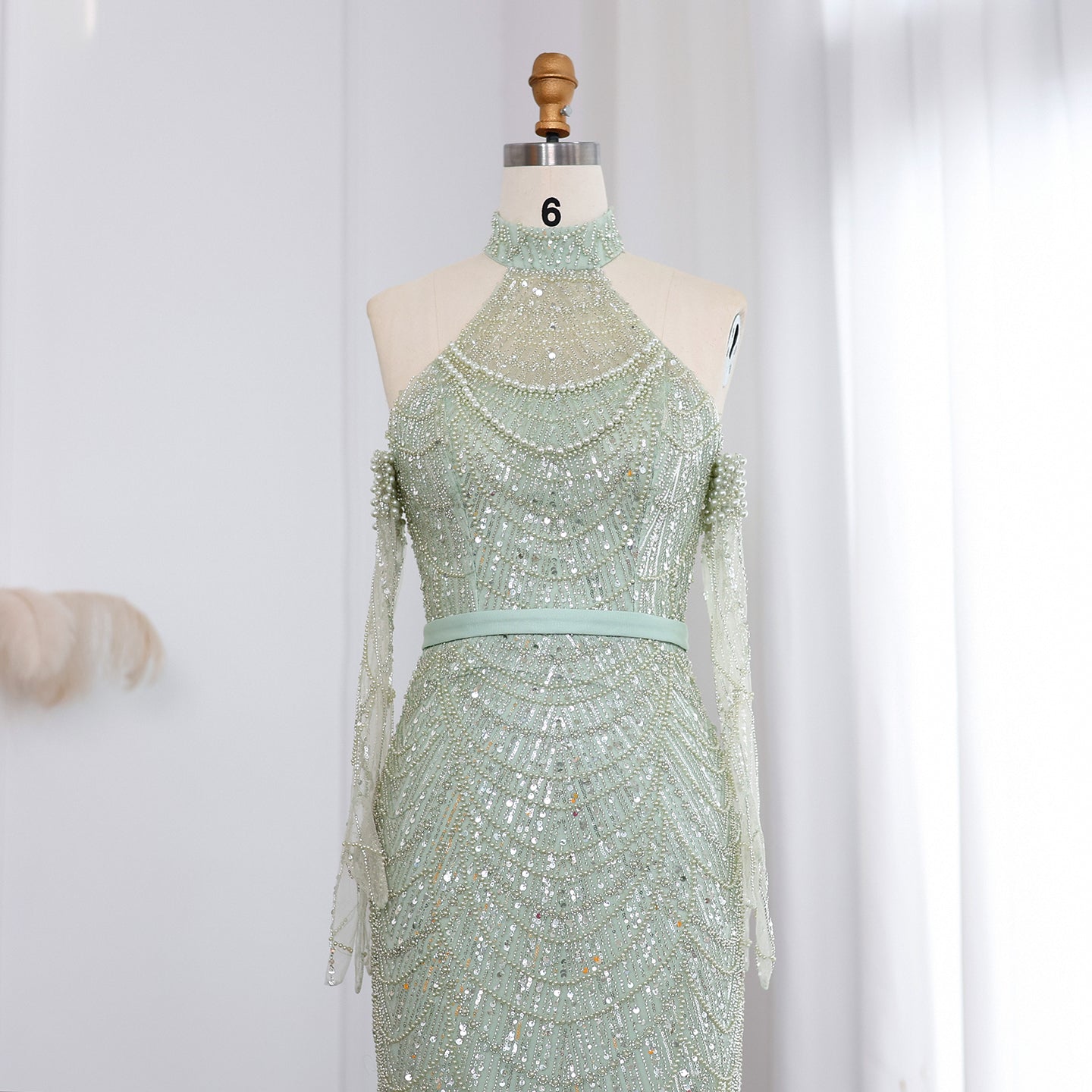 Luxury Nude Halter Mermaid Evening Dress with Gloves SS689 