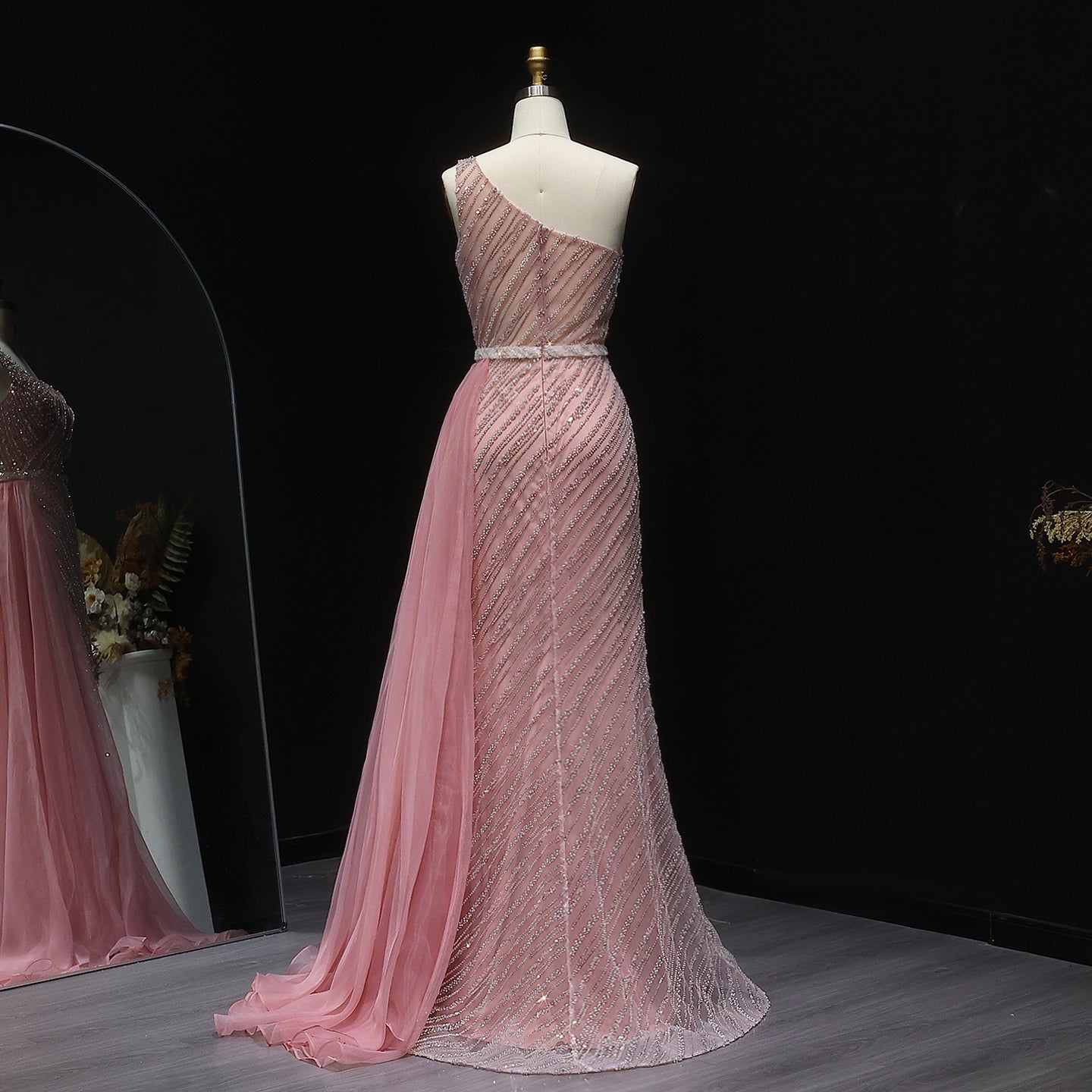 Stunning Blue One Shoulder Evening Dress with Side Slit Overskirt SS056