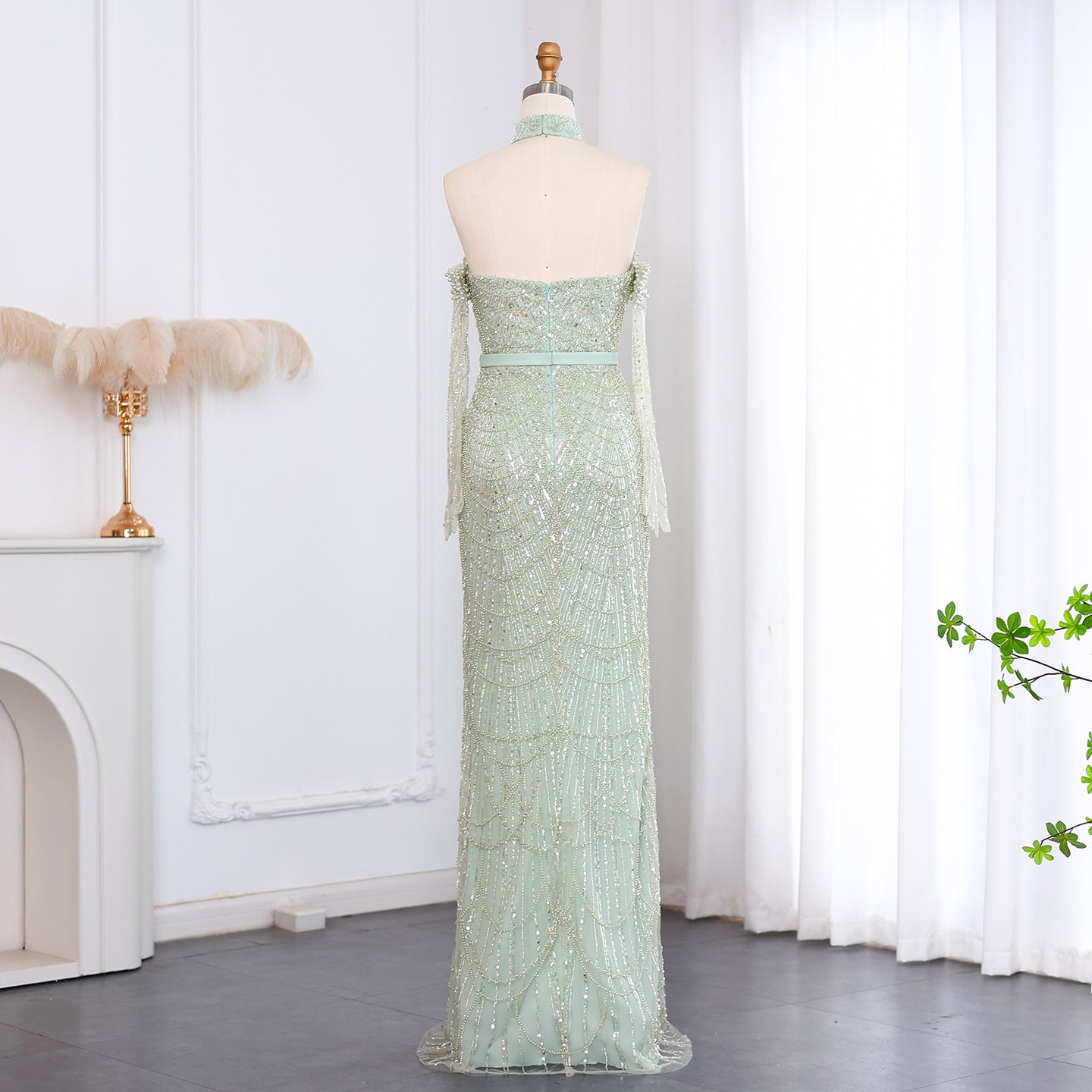 Luxury Nude Halter Mermaid Evening Dress with Gloves SS689 