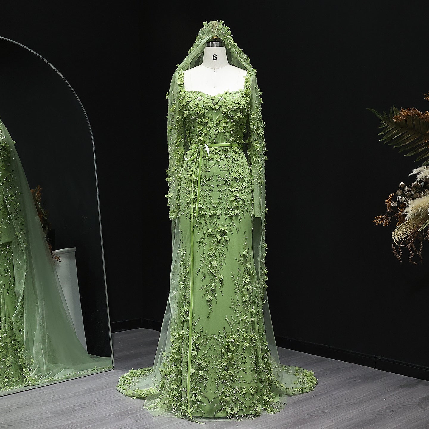 Luxury Green 3D Floral Evening Dress with Long Sleeves SS355