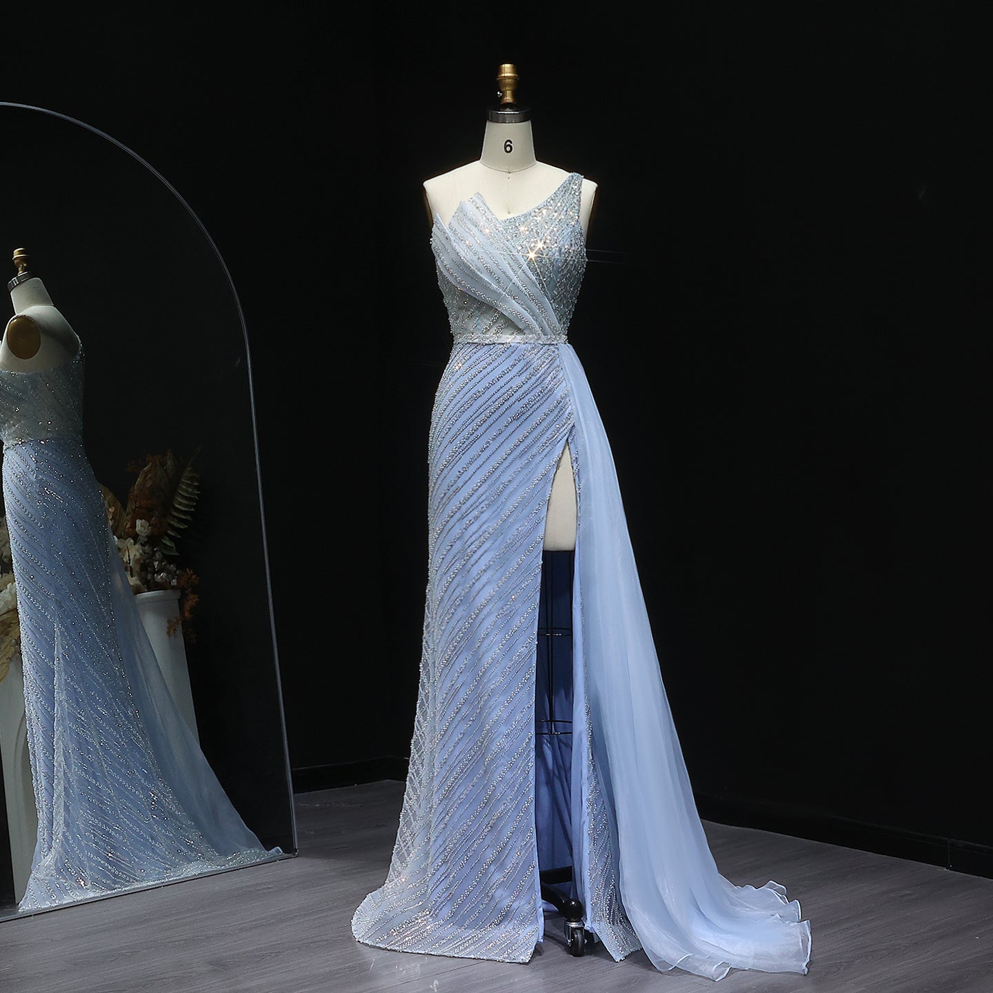 Stunning Blue One Shoulder Evening Dress with Side Slit Overskirt SS056  Blue / US 20