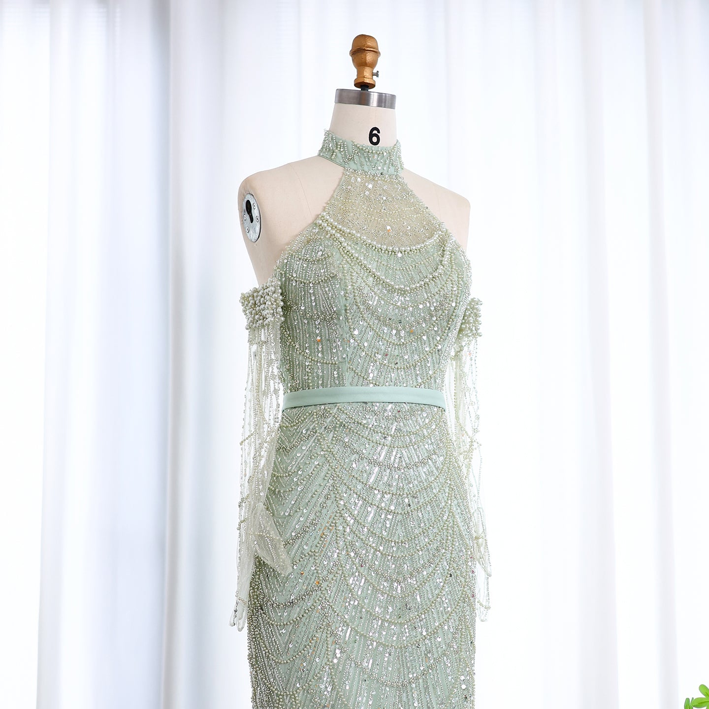 Luxury Nude Halter Mermaid Evening Dress with Gloves SS689 