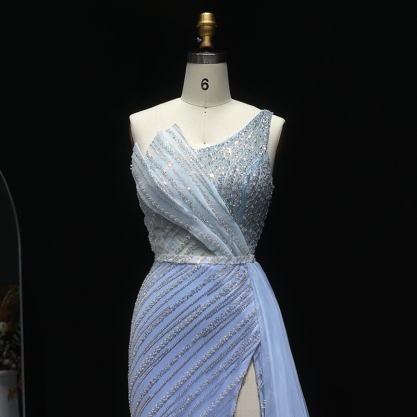 Stunning Blue One Shoulder Evening Dress with Side Slit Overskirt SS056