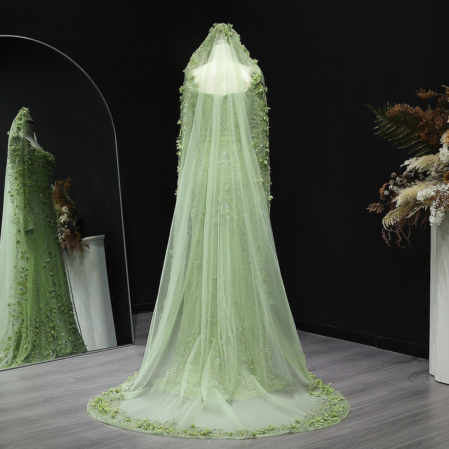 Luxury Green 3D Floral Evening Dress with Long Sleeves SS355