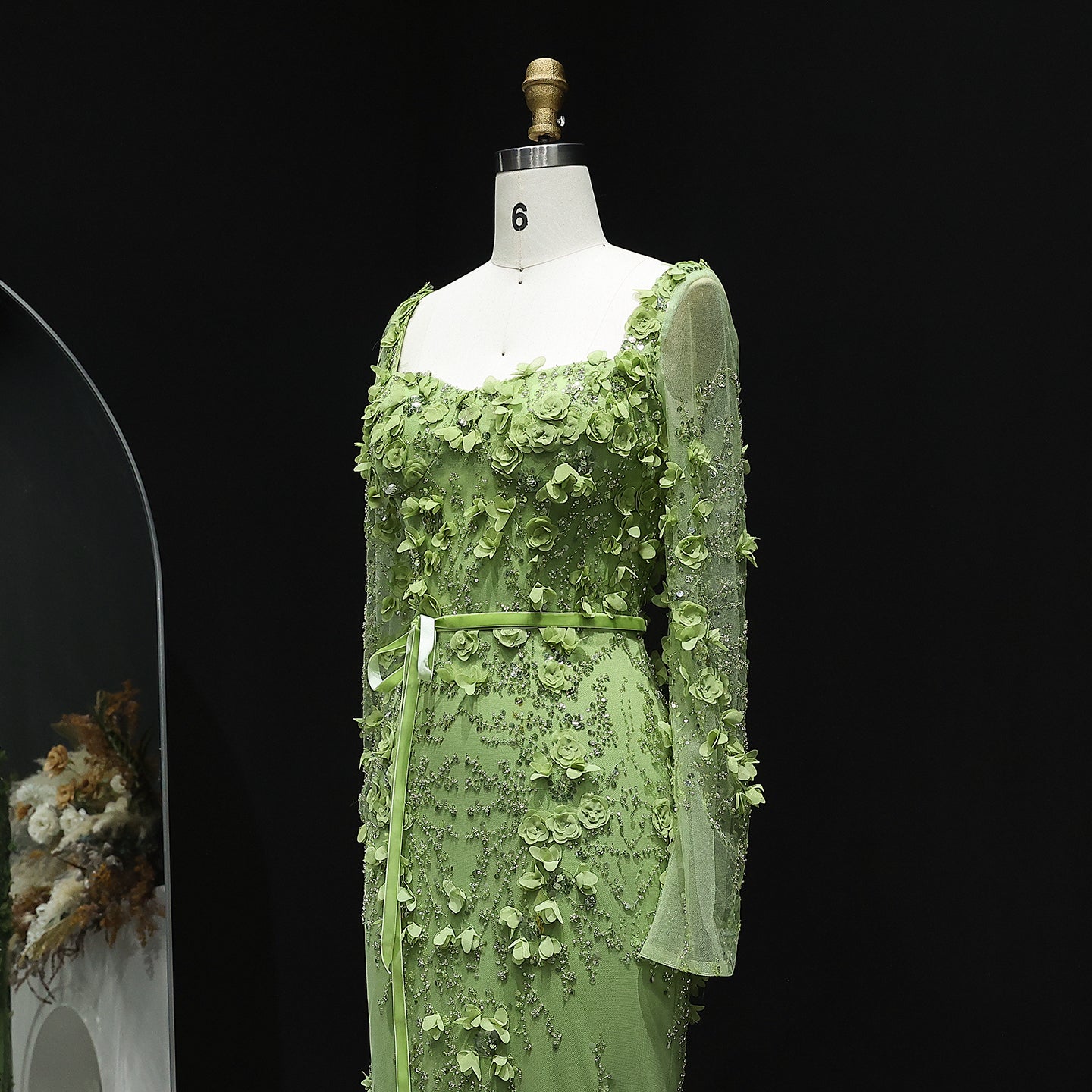 Luxury Green 3D Floral Evening Dress with Long Sleeves SS355