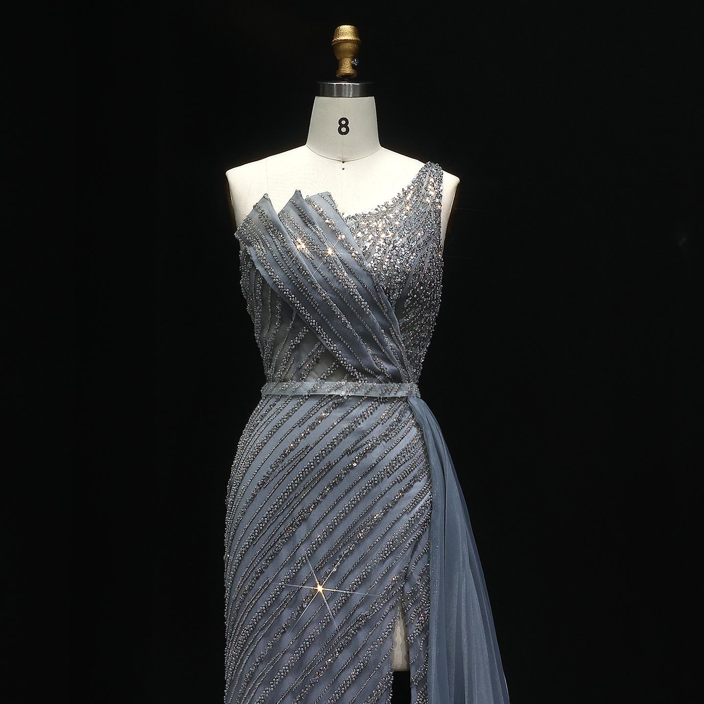 Stunning Blue One Shoulder Evening Dress with Side Slit Overskirt SS056