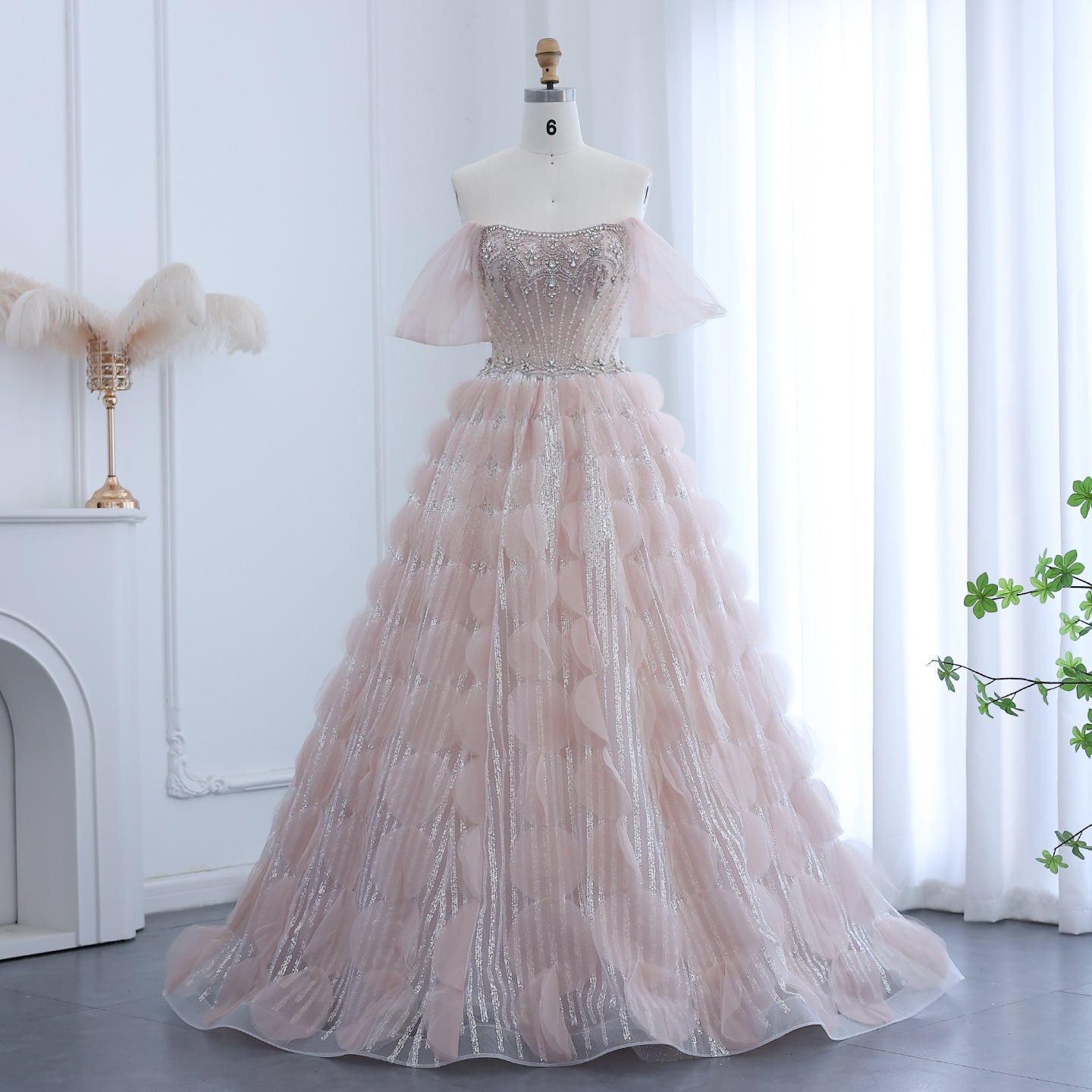 Luxury Crystal Ball Gown Blush Pink Ruffles Evening Dress SS733  Pink / US 16