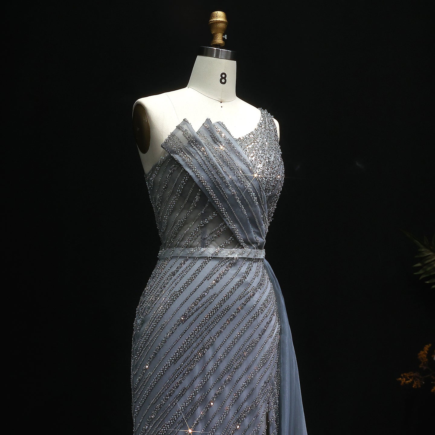 Stunning Blue One Shoulder Evening Dress with Side Slit Overskirt SS056