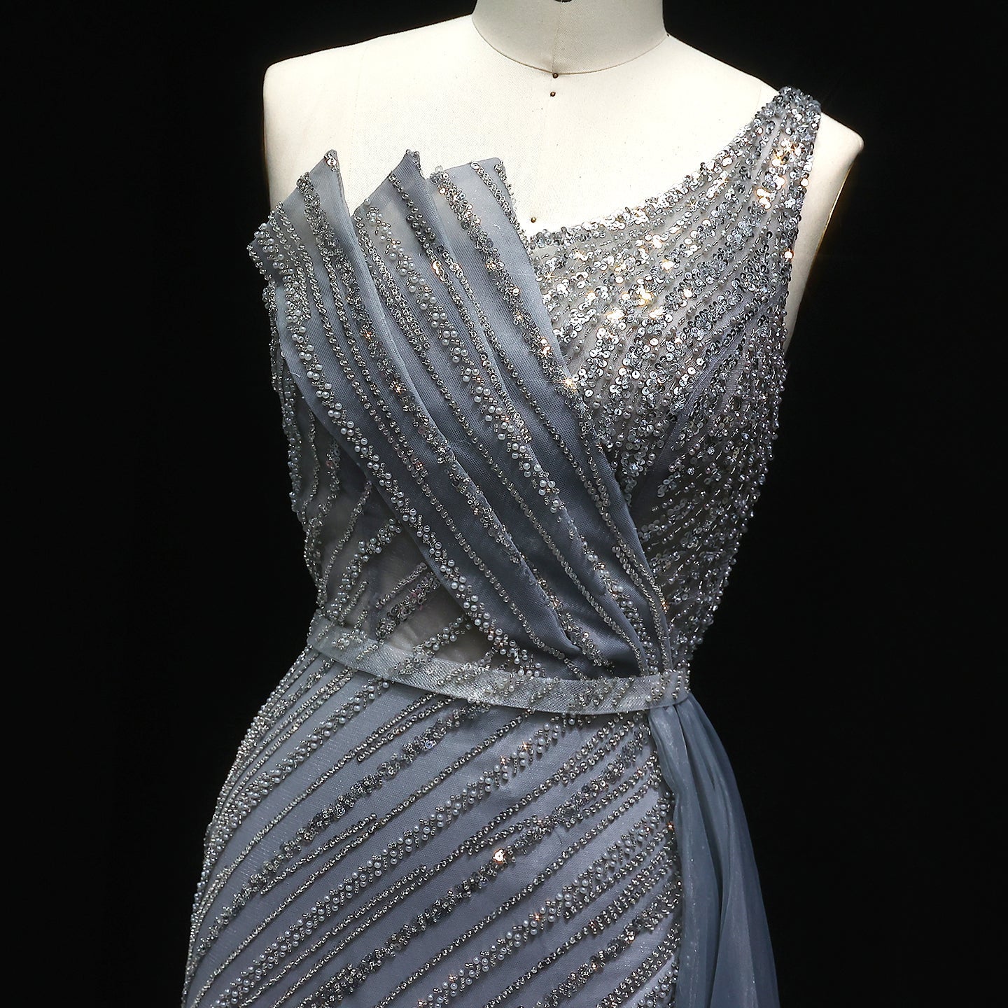 Stunning Blue One Shoulder Evening Dress with Side Slit Overskirt SS056