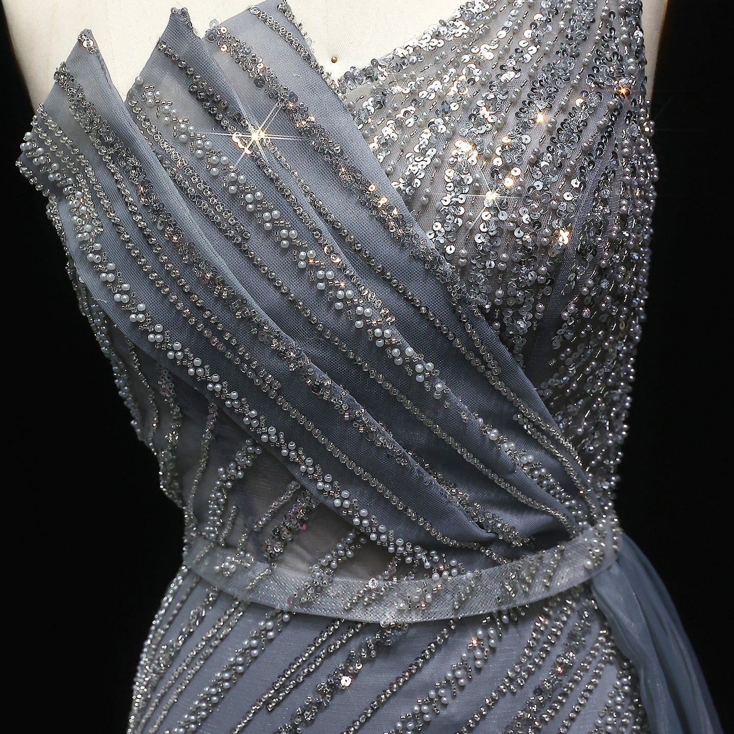 Stunning Blue One Shoulder Evening Dress with Side Slit Overskirt SS056