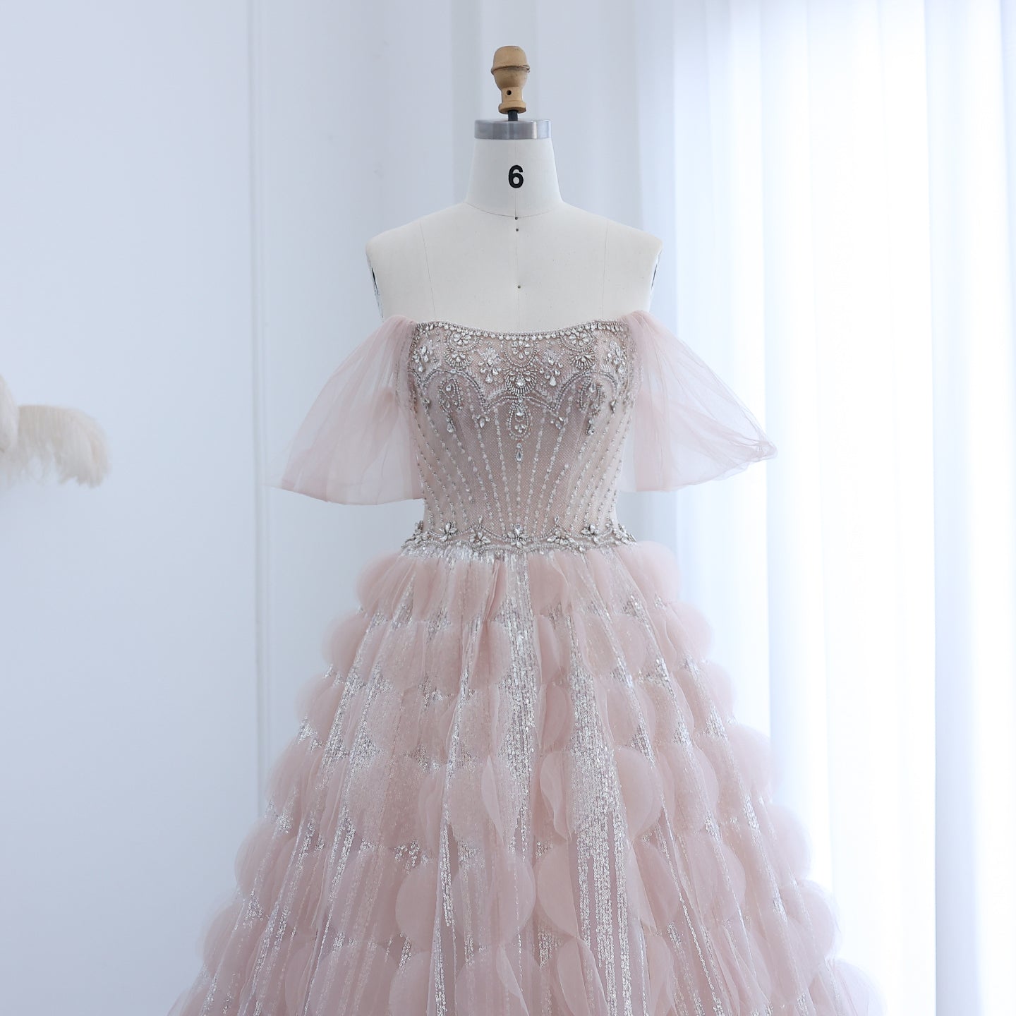 Luxury Crystal Ball Gown Blush Pink Ruffles Evening Dress SS733