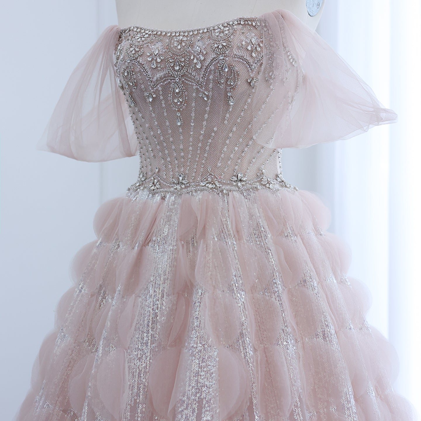 Luxury Crystal Ball Gown Blush Pink Ruffles Evening Dress SS733