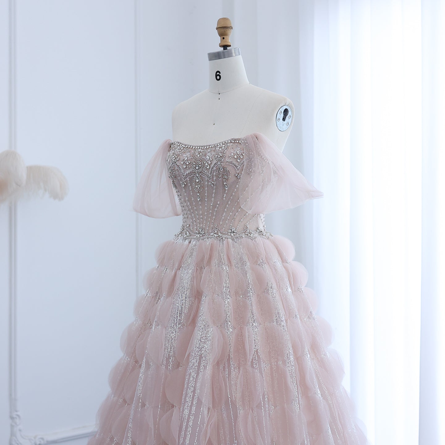 Luxury Crystal Ball Gown Blush Pink Ruffles Evening Dress SS733