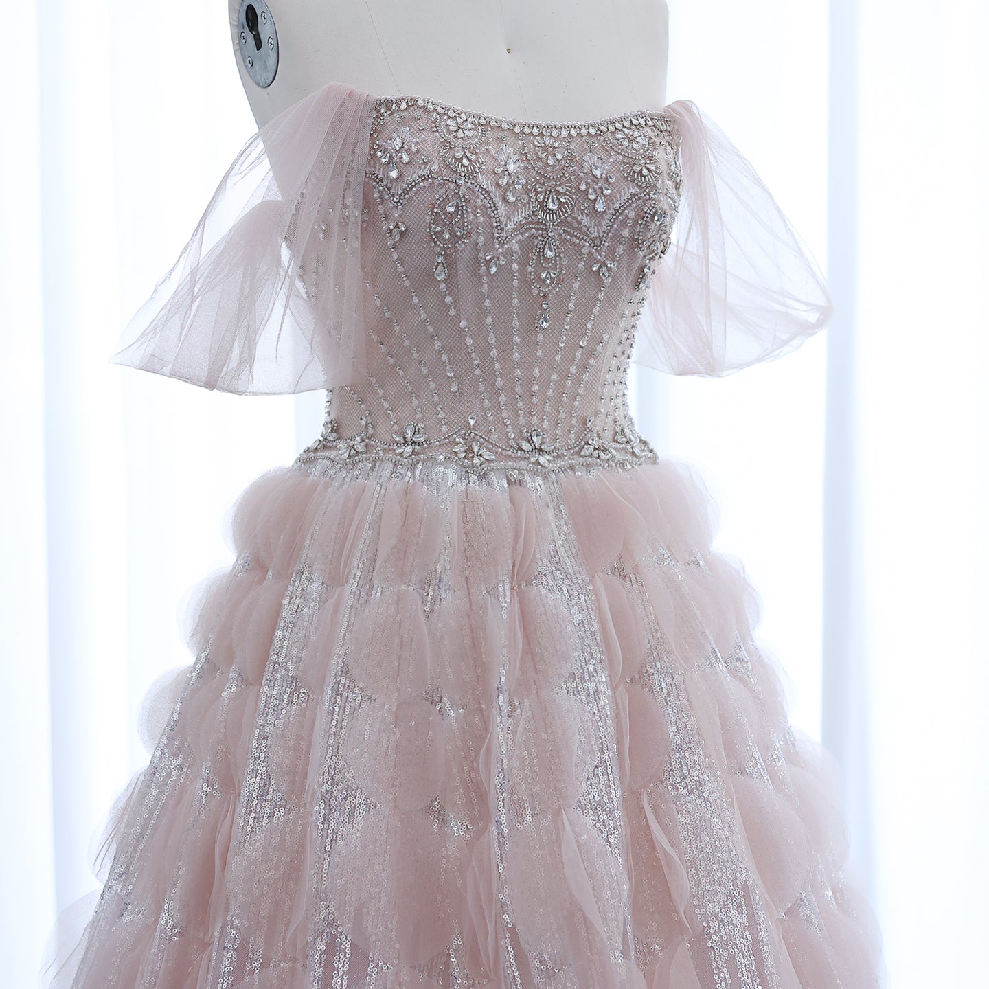 Luxury Crystal Ball Gown Blush Pink Ruffles Evening Dress SS733
