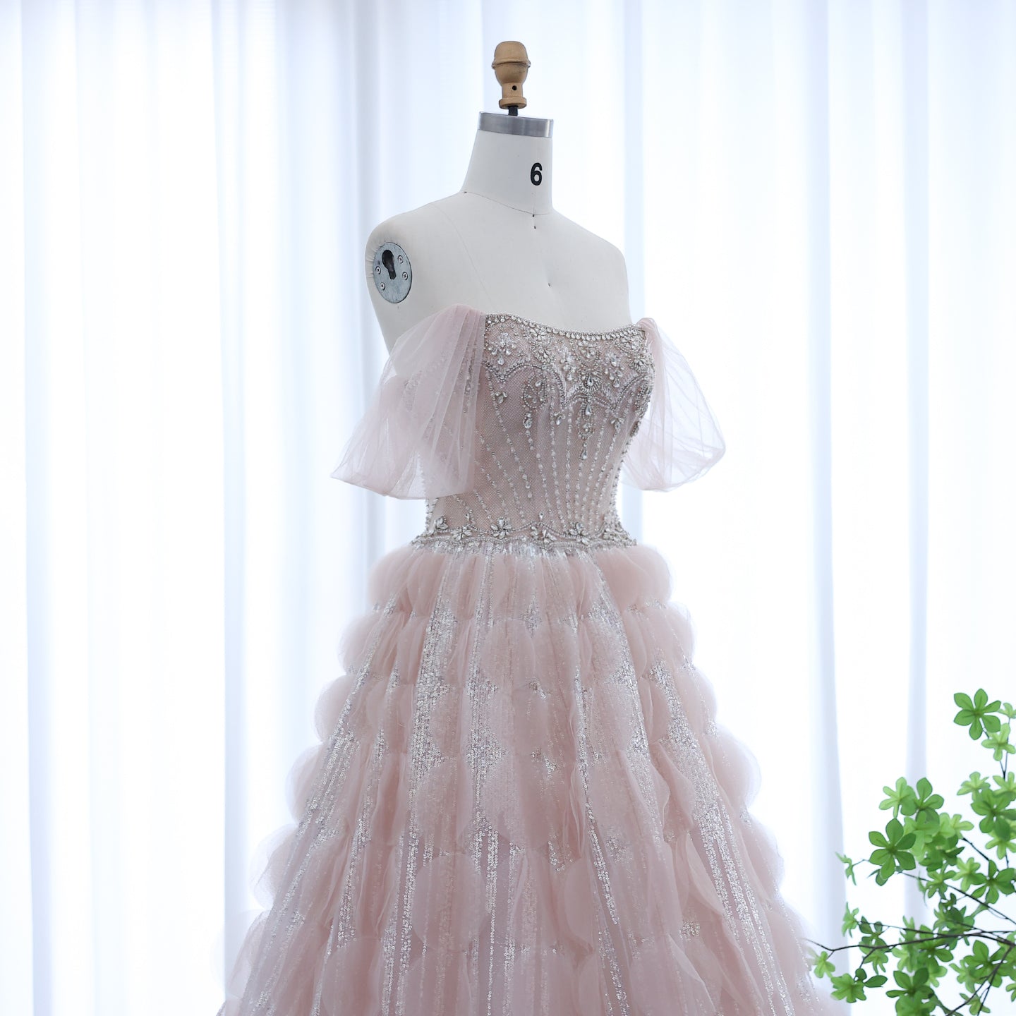 Luxury Crystal Ball Gown Blush Pink Ruffles Evening Dress SS733