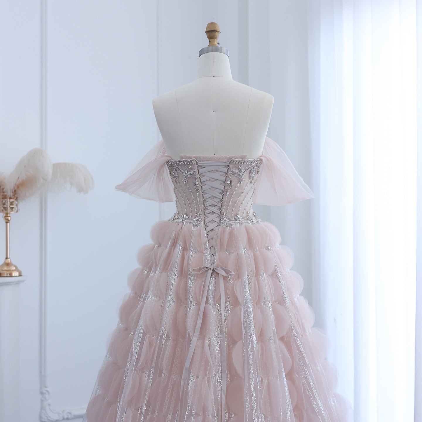 Luxury Crystal Ball Gown Blush Pink Ruffles Evening Dress SS733