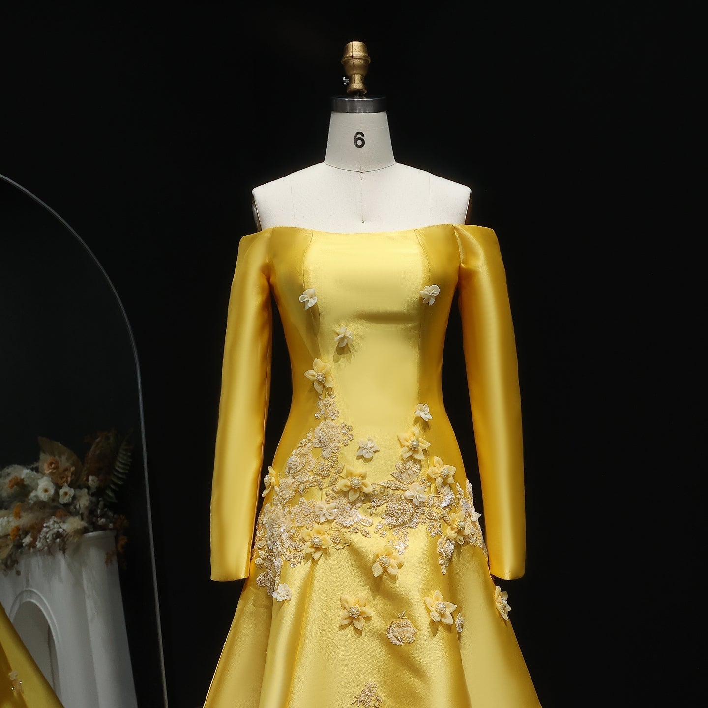 Elegant Off Shoulder Yellow 3D Flowers Evening Dress SS537