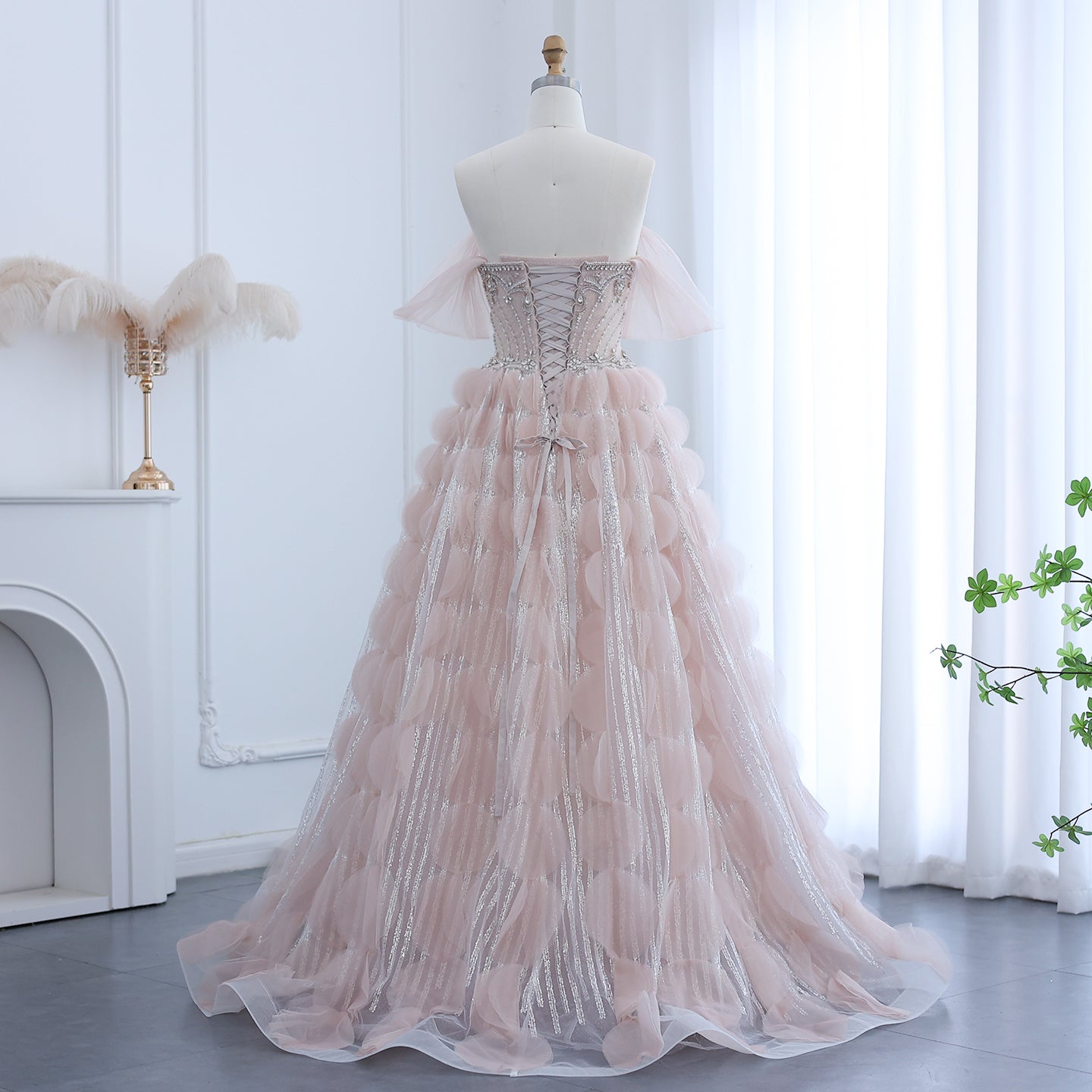 Luxury Crystal Ball Gown Blush Pink Ruffles Evening Dress SS733