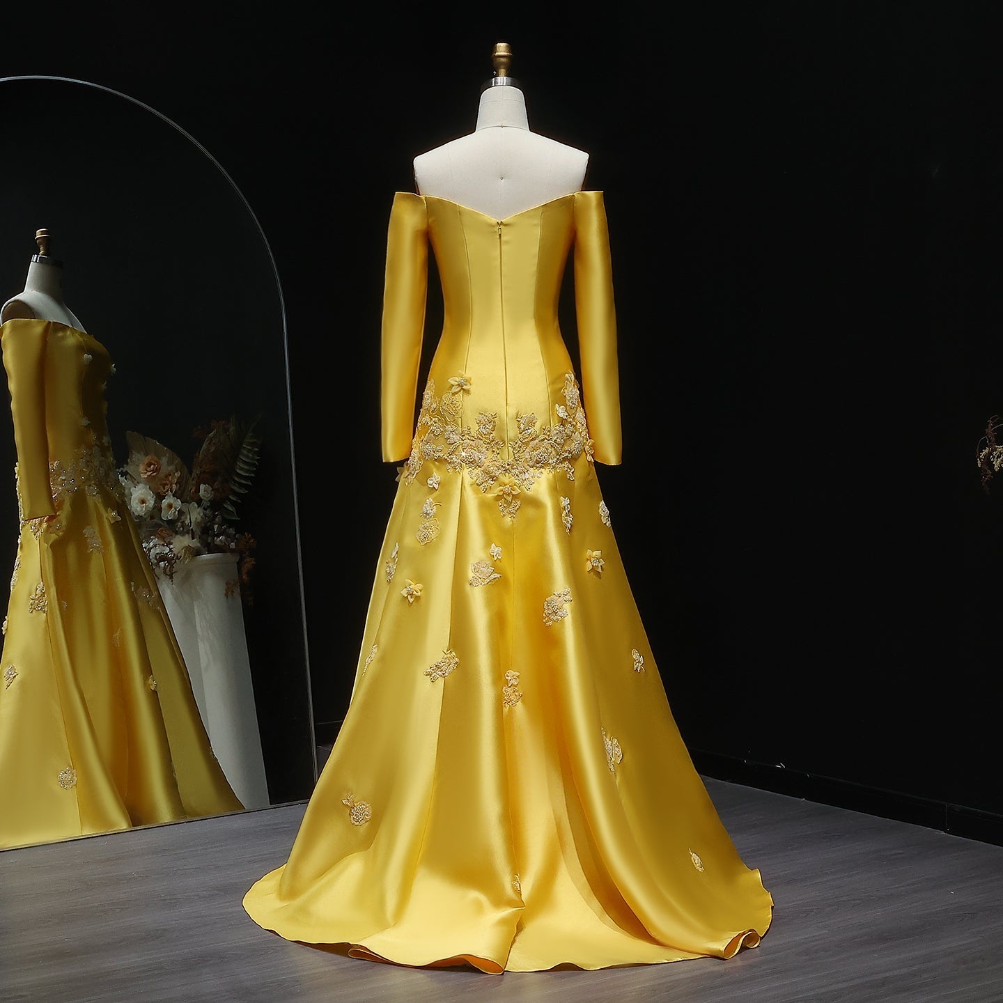 Elegant Off Shoulder Yellow 3D Flowers Evening Dress SS537