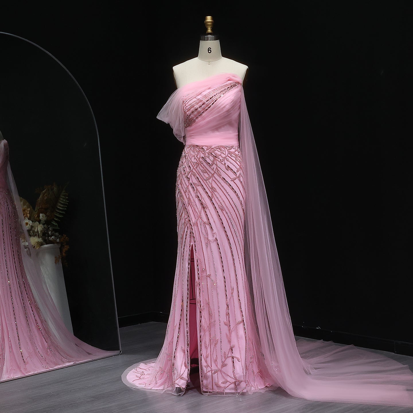 Chic Off Shoulder Pink Evening Dress with Cape Sleeves High Slit SS466  Pink / US 18