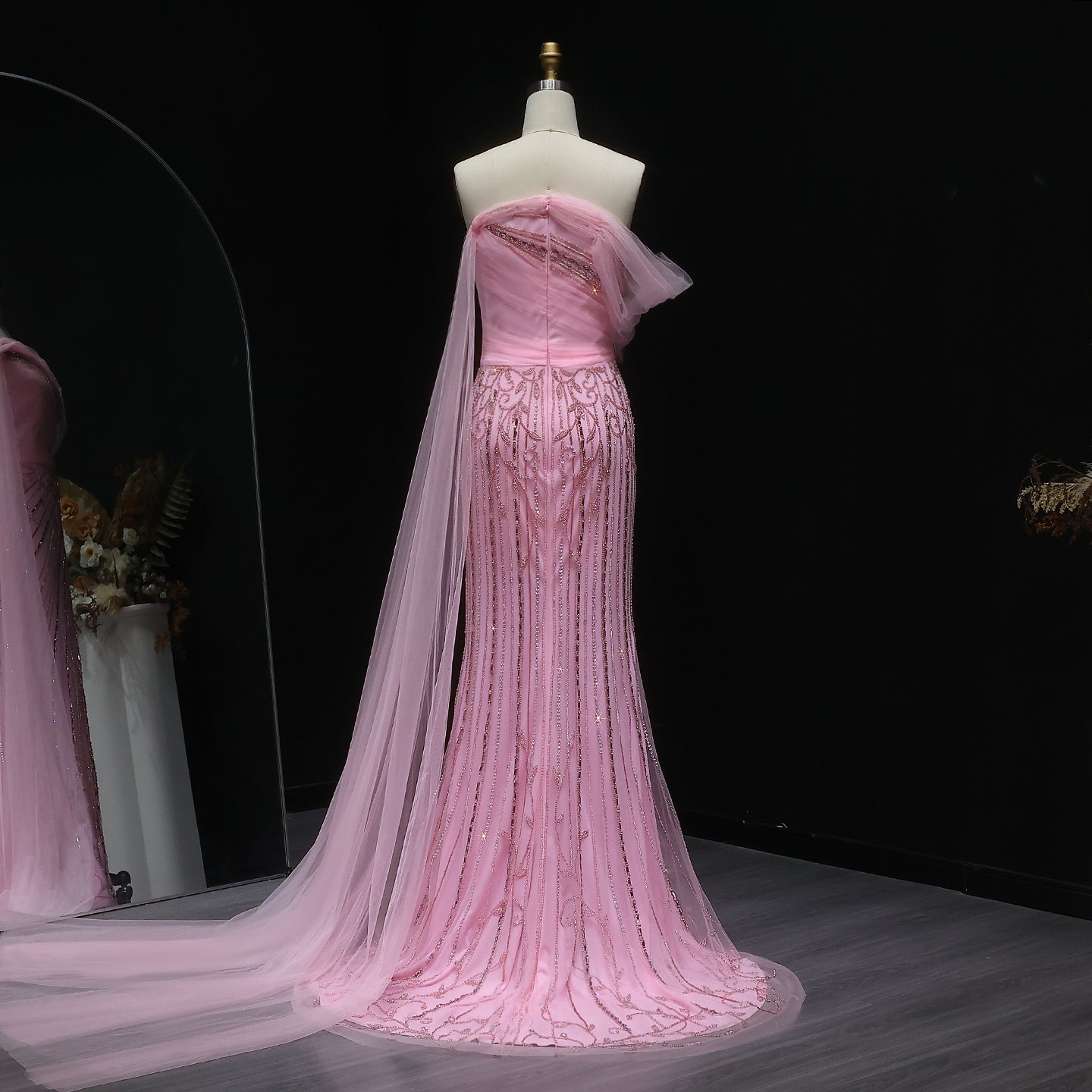 Chic Off Shoulder Pink Evening Dress with Cape Sleeves High Slit SS466