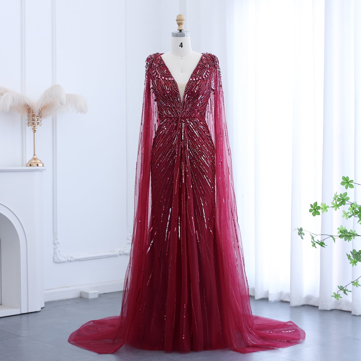 Luxury Dubai Green Evening Dresses with Cape Fuchsia Crystal Gold SS399  Burgundy / US 20