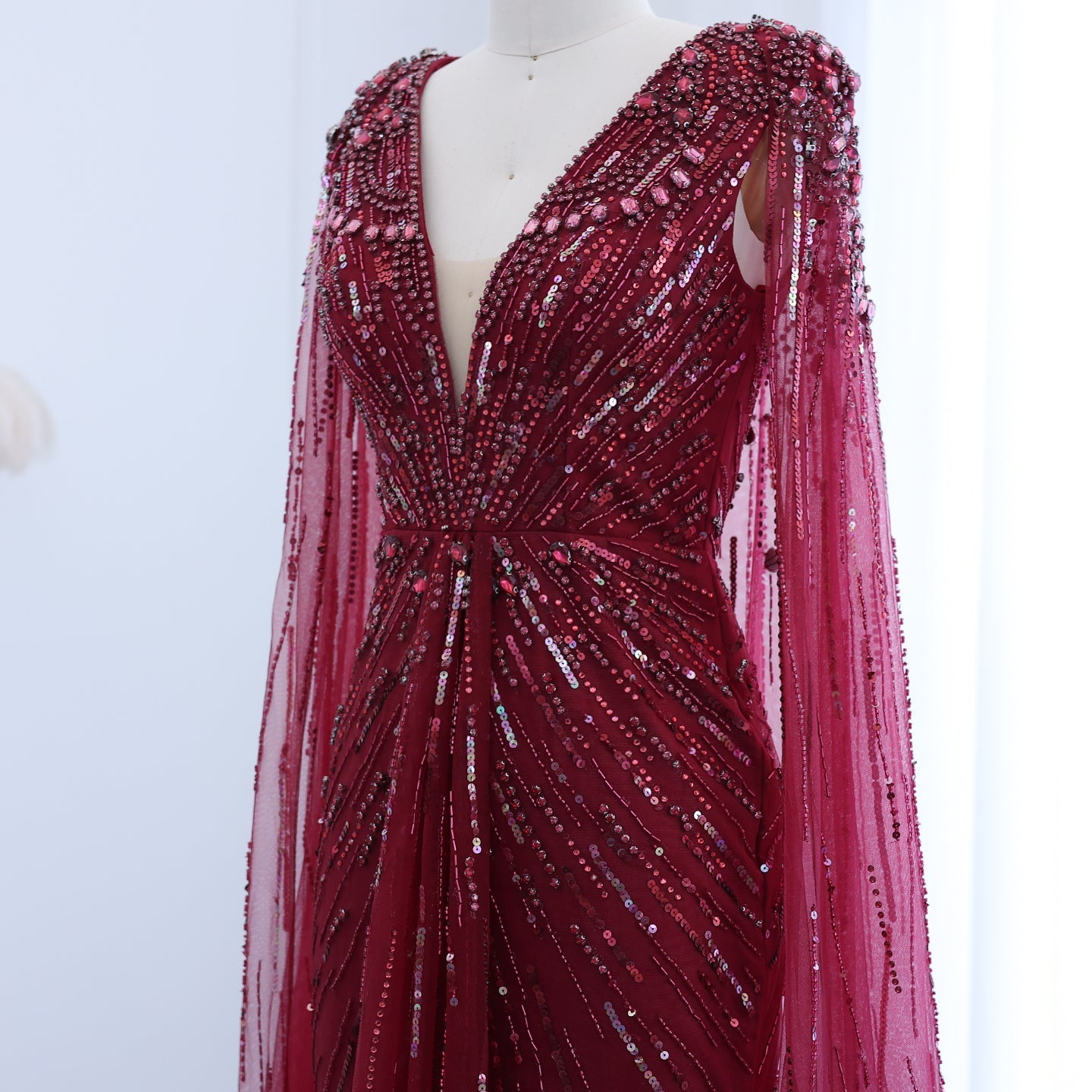 Luxury Dubai Green Evening Dresses with Cape Fuchsia Crystal Gold SS399