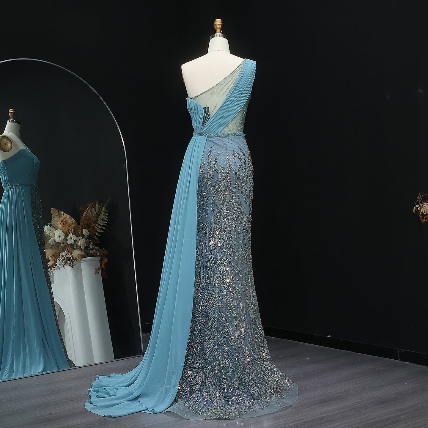 Elegant One Shoulder Turquoise Evening Dress with Overskirt SS007