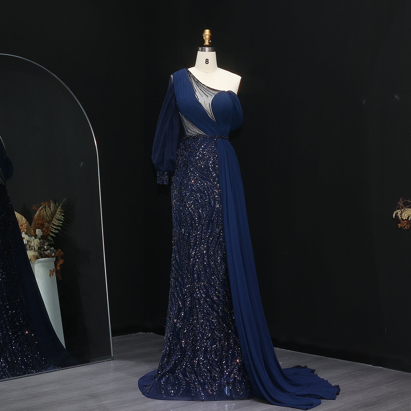 Elegant One Shoulder Turquoise Evening Dress with Overskirt SS007  Navy Blue Long Sleeves / US 18