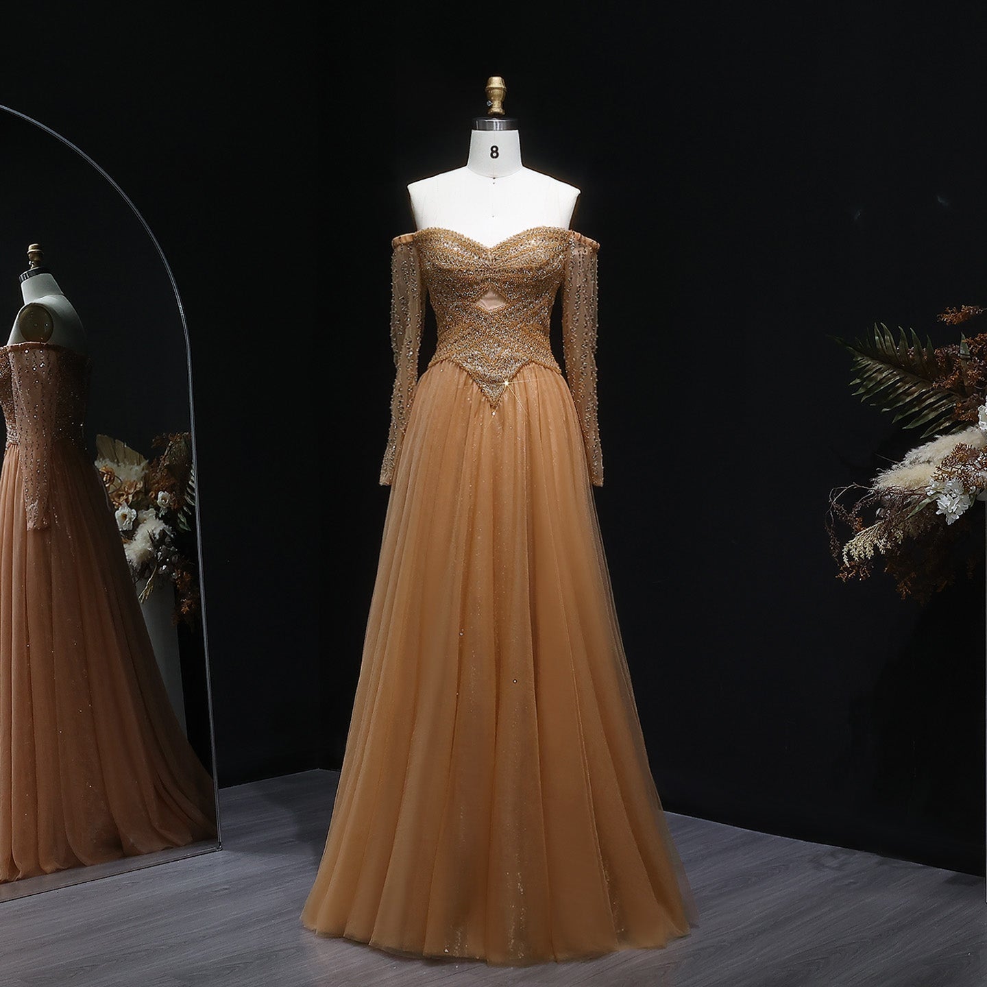 Luxury Champagne Off Shoulder Arabic Evening Dress SS116  Caramel / US 18