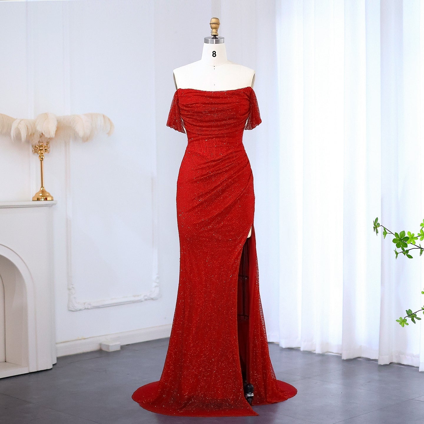 Elegant Red Off Shoulder Evening Dress with Side Slit SF163
