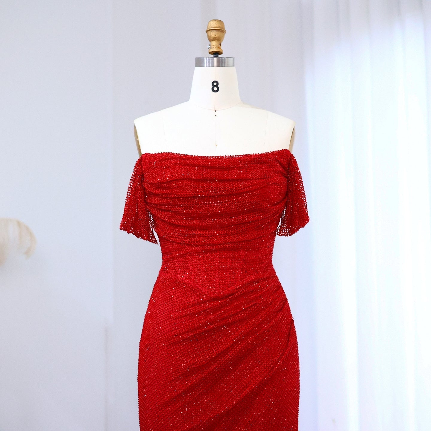 Elegant Red Off Shoulder Evening Dress with Side Slit SF163