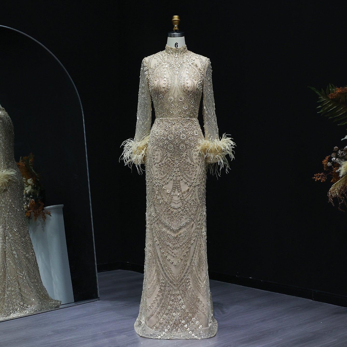 Luxury Feather Gold Long Sleeves High Neck Evening Dress SS659  Gold / US 18