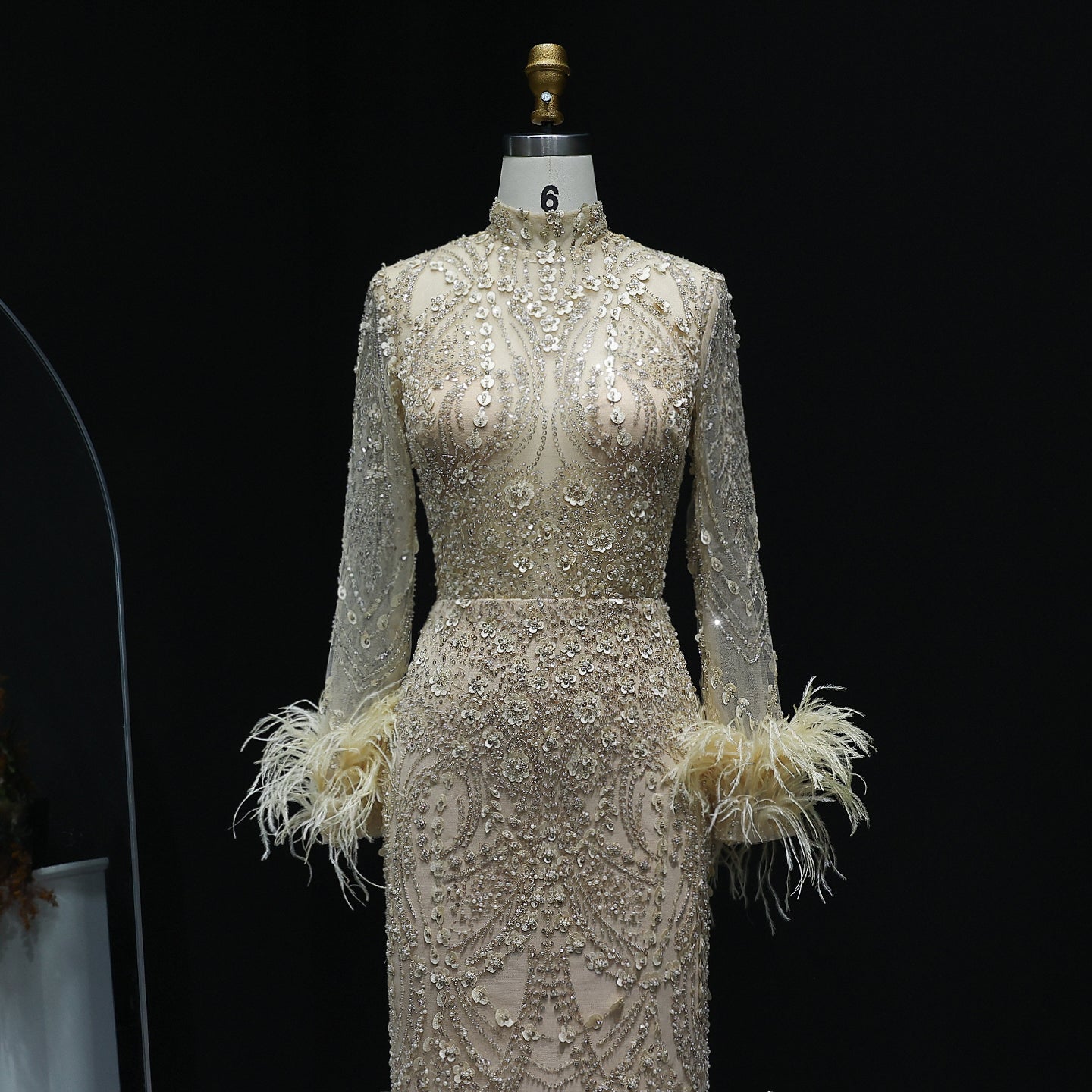 Luxury Feather Gold Long Sleeves High Neck Evening Dress SS659