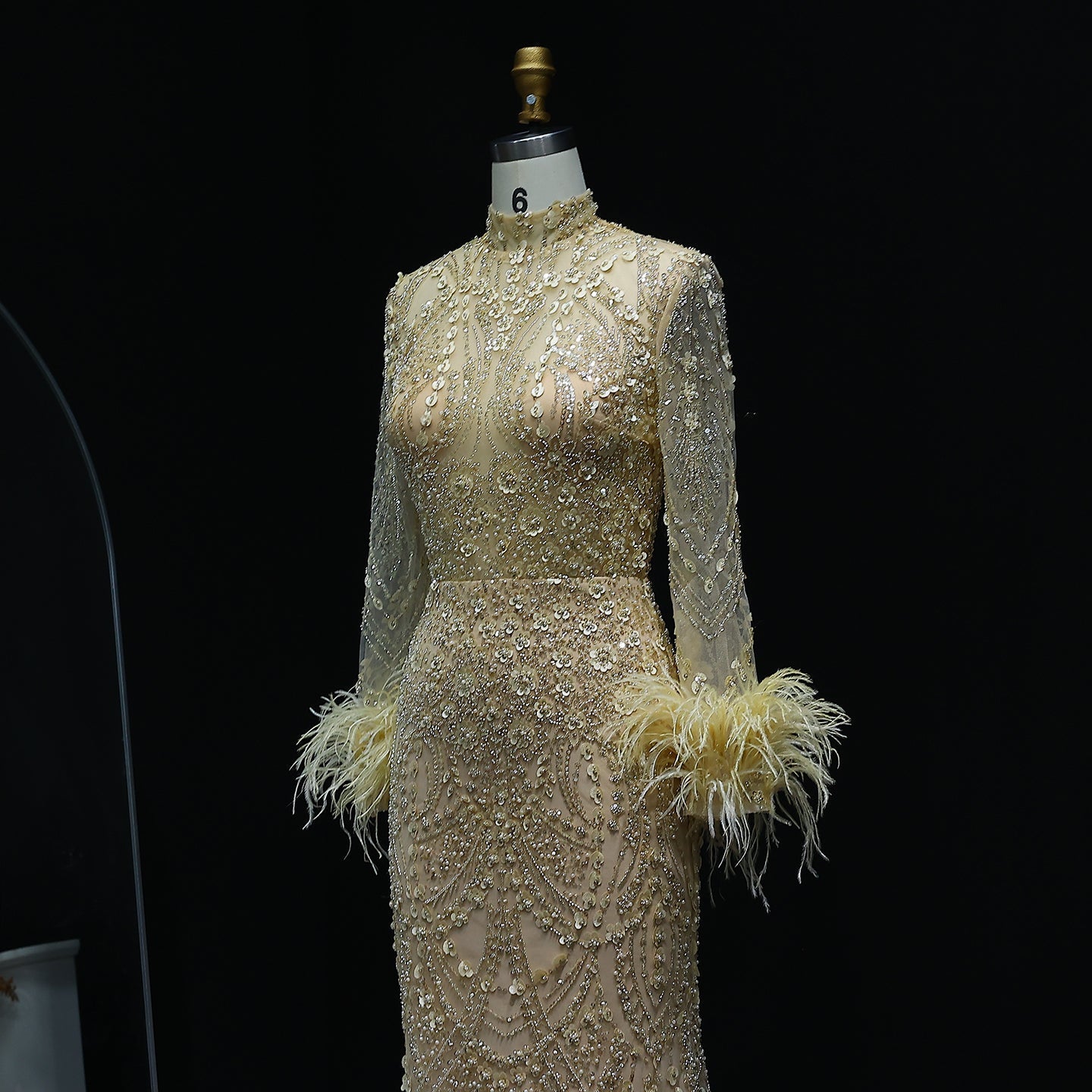 Luxury Feather Gold Long Sleeves High Neck Evening Dress SS659