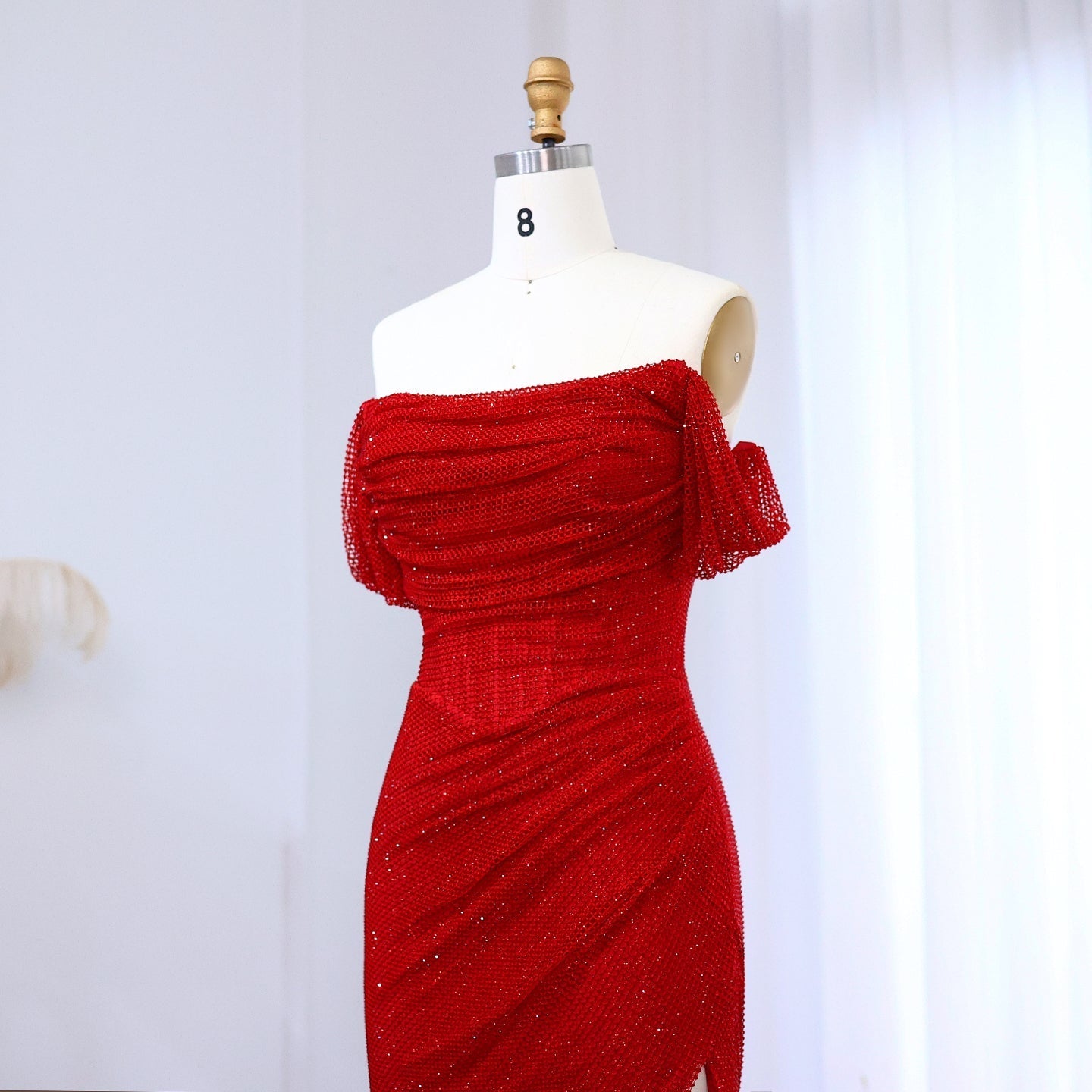 Elegant Red Off Shoulder Evening Dress with Side Slit SF163