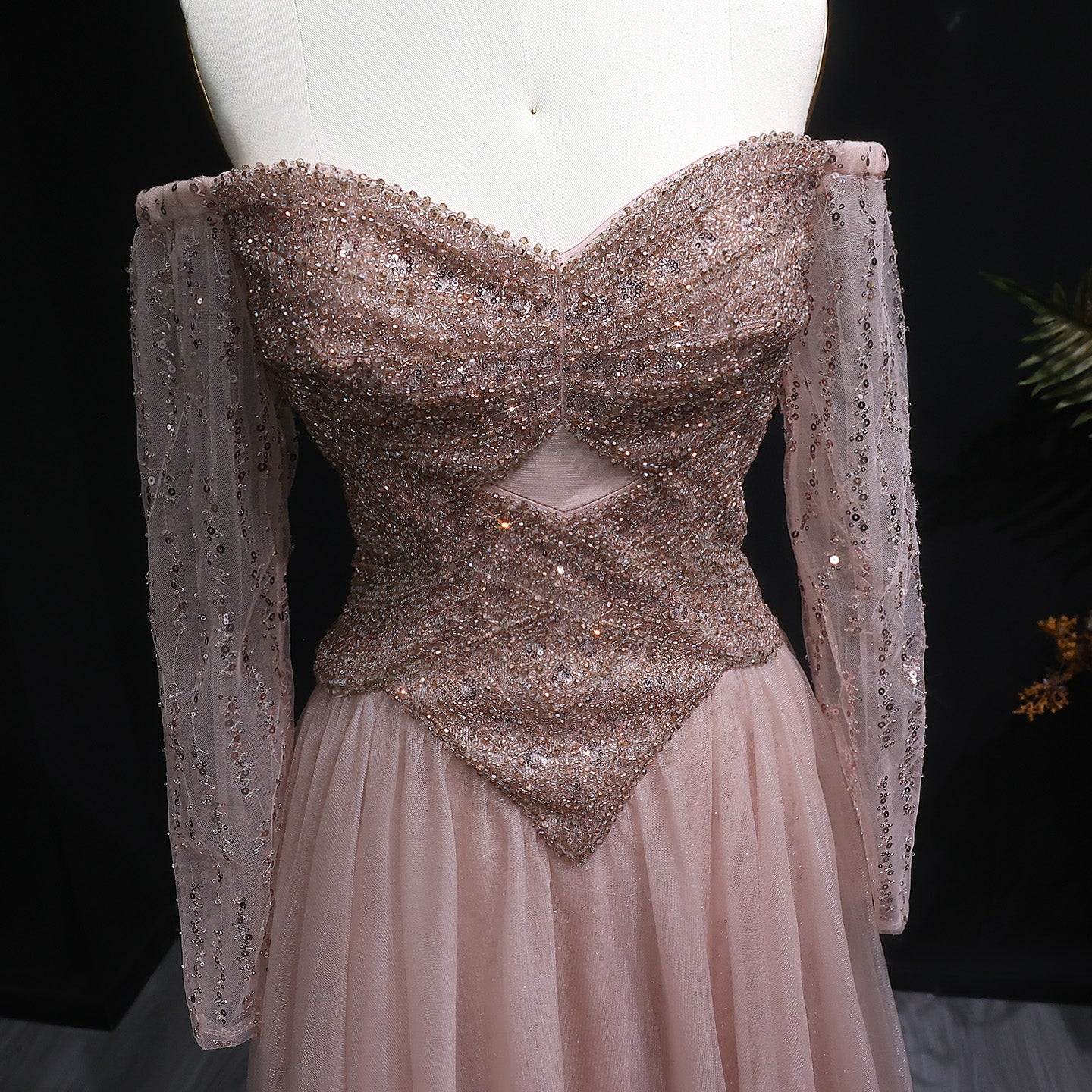 Luxury Champagne Off Shoulder Arabic Evening Dress SS116