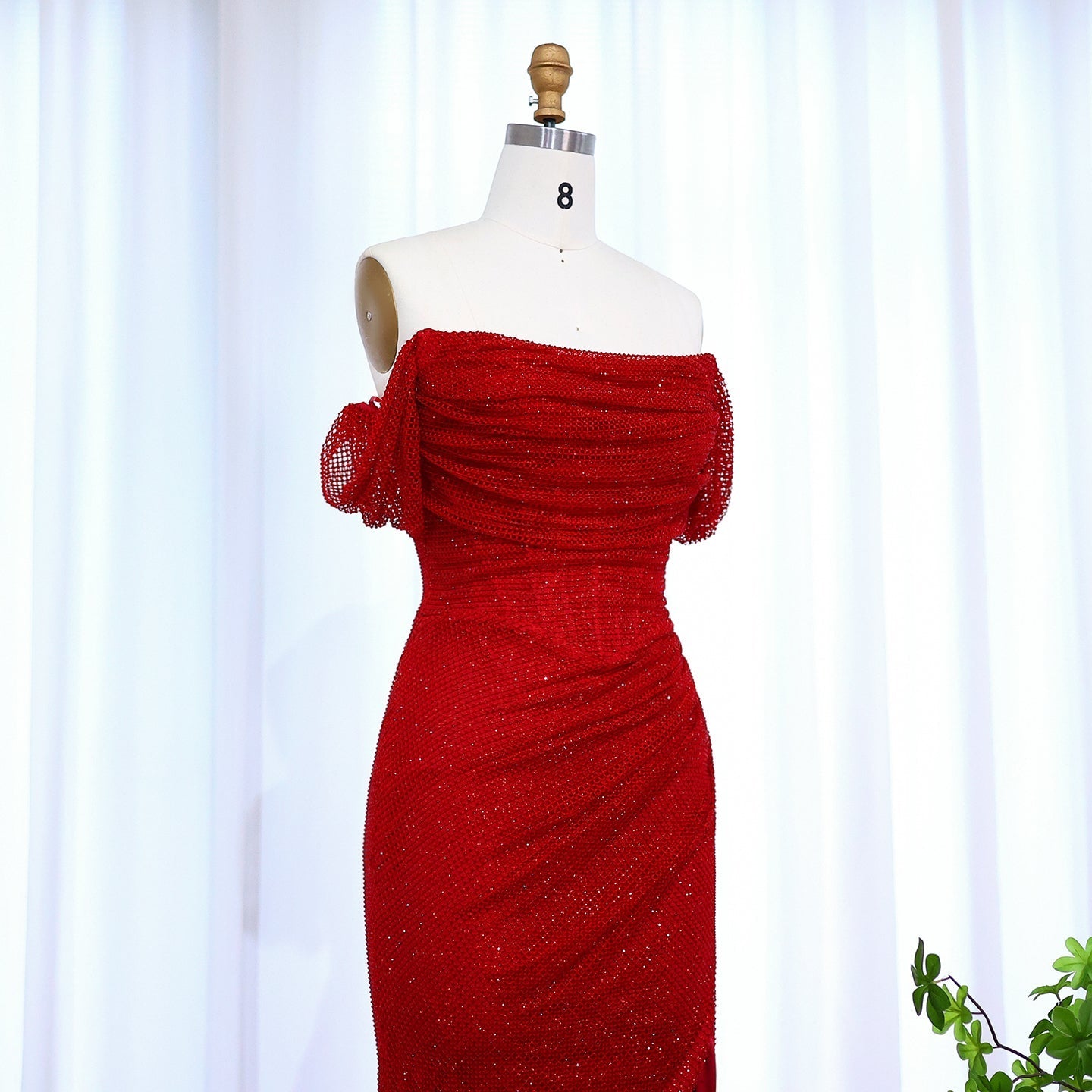Elegant Red Off Shoulder Evening Dress with Side Slit SF163