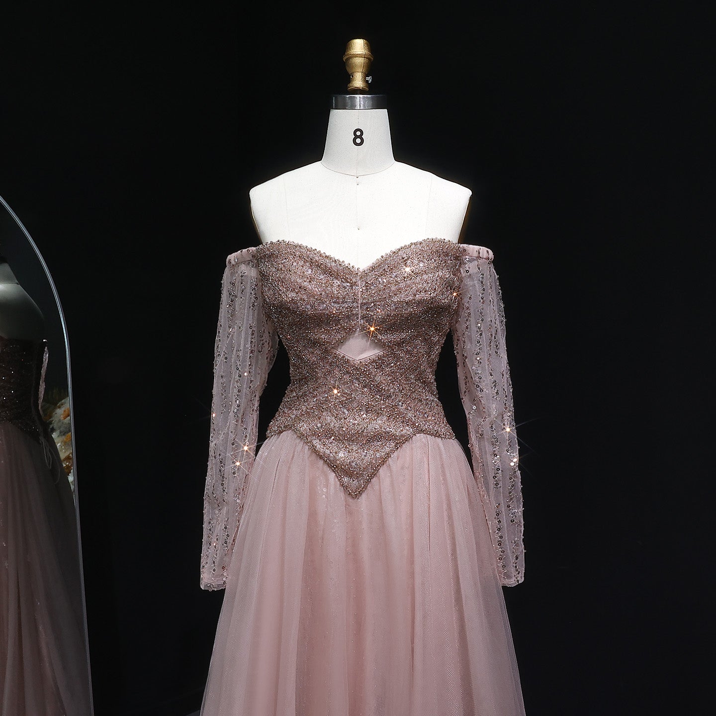 Luxury Champagne Off Shoulder Arabic Evening Dress SS116