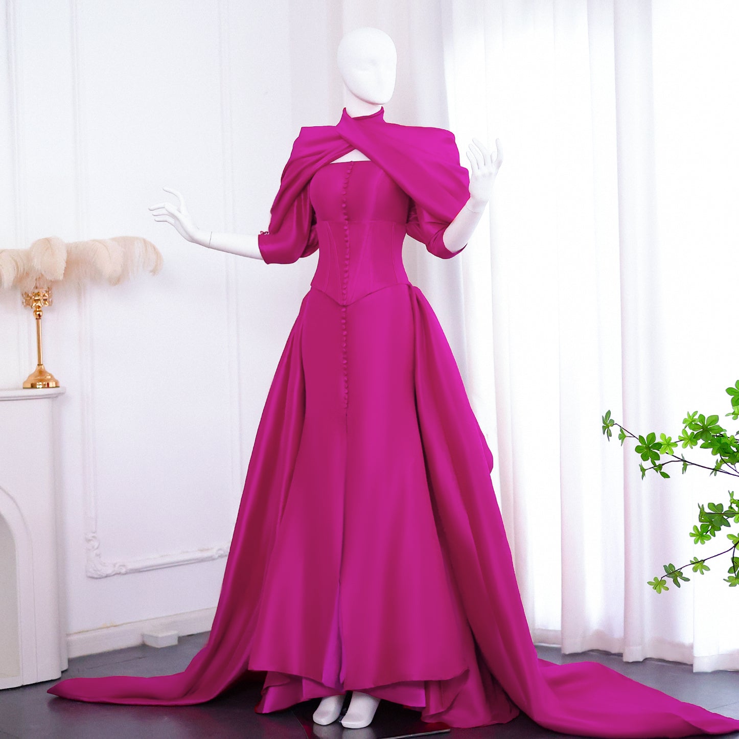 Fuchsia Mermaid Evening Dress with Overskirt Corset Long Sleeves SF030  Fuchsia / US 16