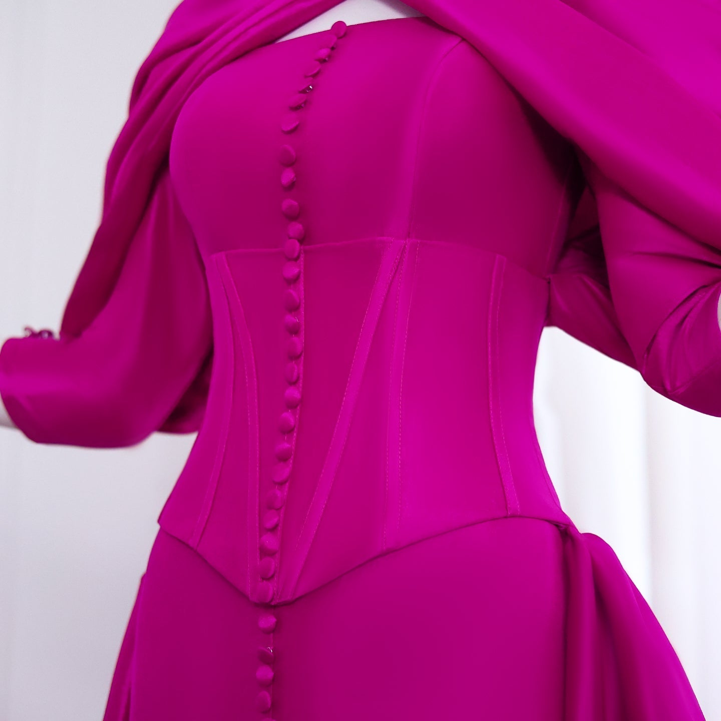 Fuchsia Mermaid Evening Dress with Overskirt Corset Long Sleeves SF030