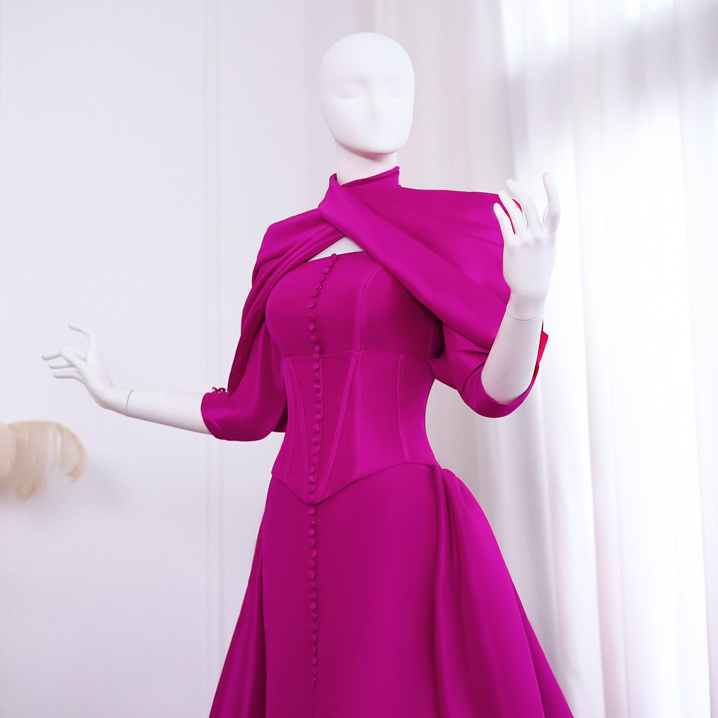 Fuchsia Mermaid Evening Dress with Overskirt Corset Long Sleeves SF030