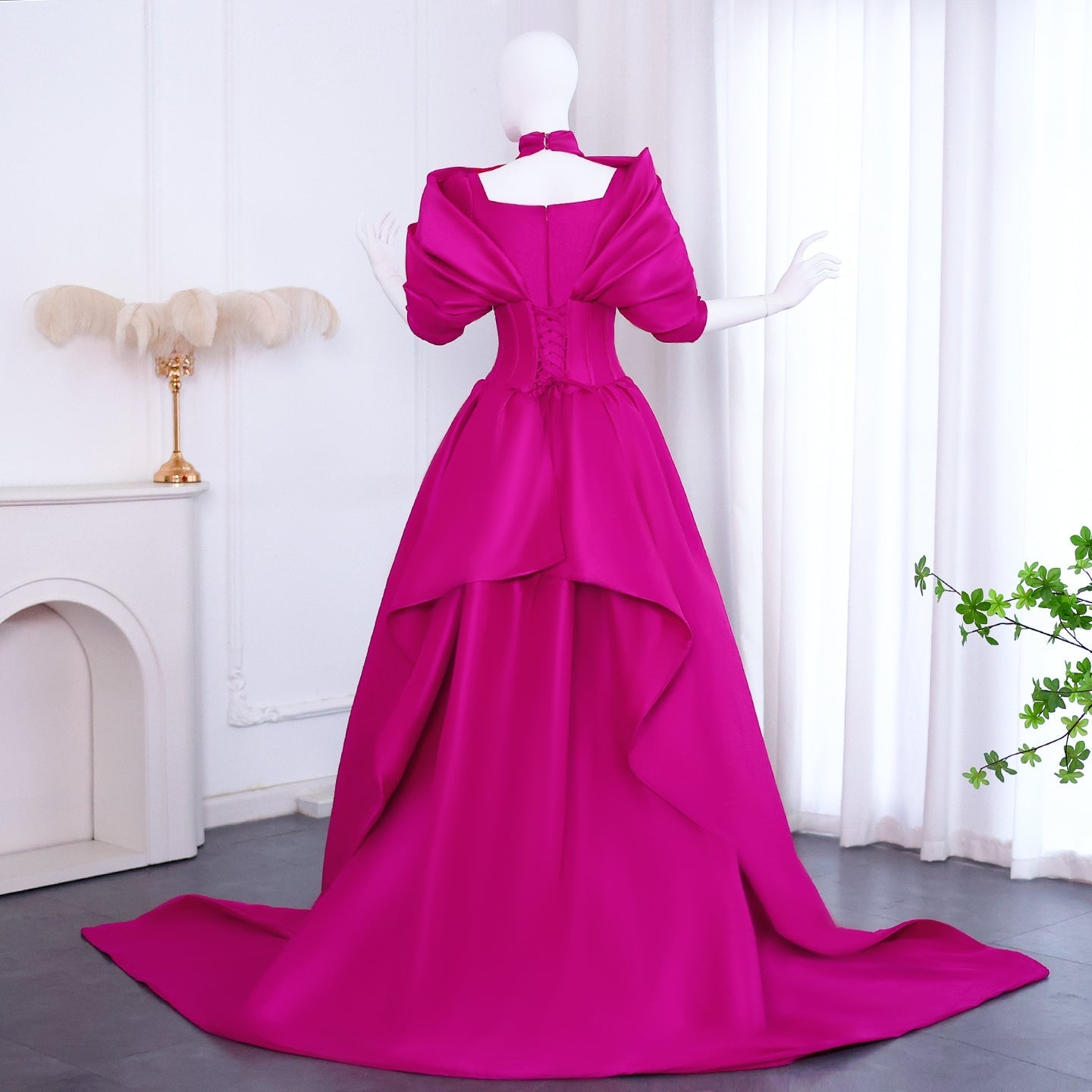 Fuchsia Mermaid Evening Dress with Overskirt Corset Long Sleeves SF030