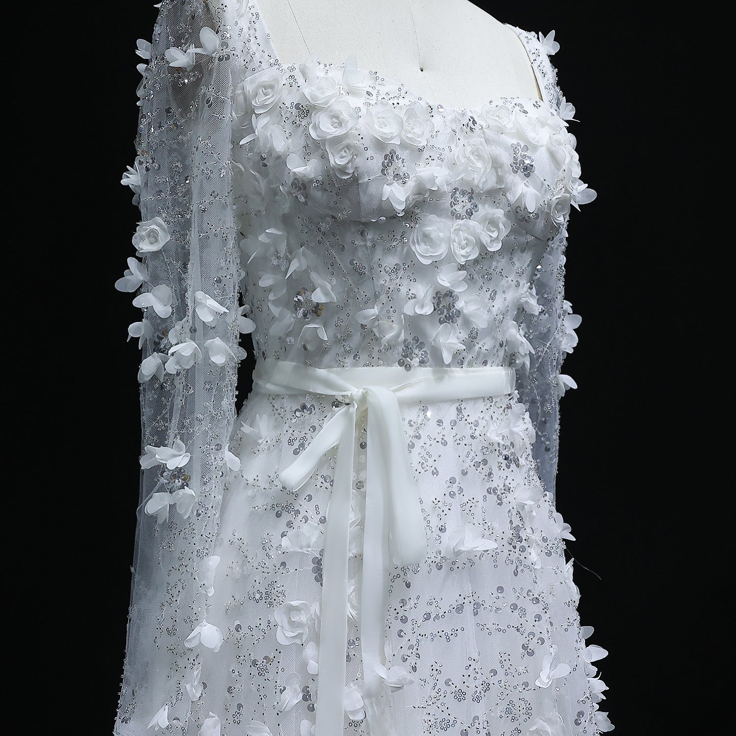 Luxury 3D Flower Gray Long Sleeves Evening Dress SS353