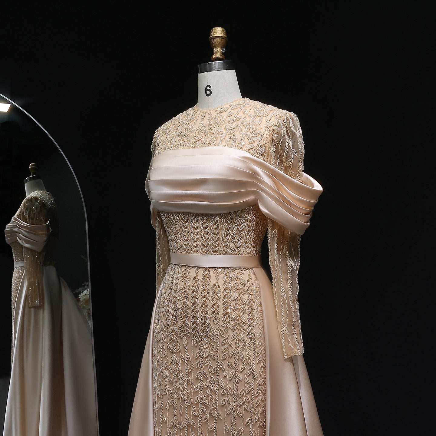 Elegant Arabic Champagne Beaded Evening Dress with Overskirt SS253