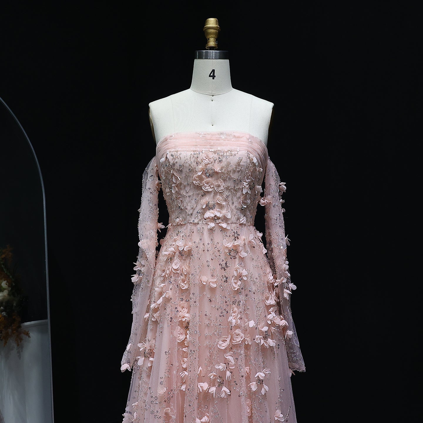 Elegant Pink 3D Flowers Evening Dress with Long Sleeves SS344