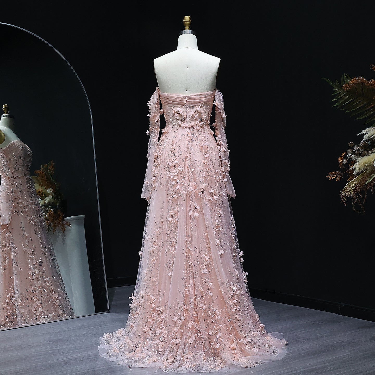 Elegant Pink 3D Flowers Evening Dress with Long Sleeves SS344